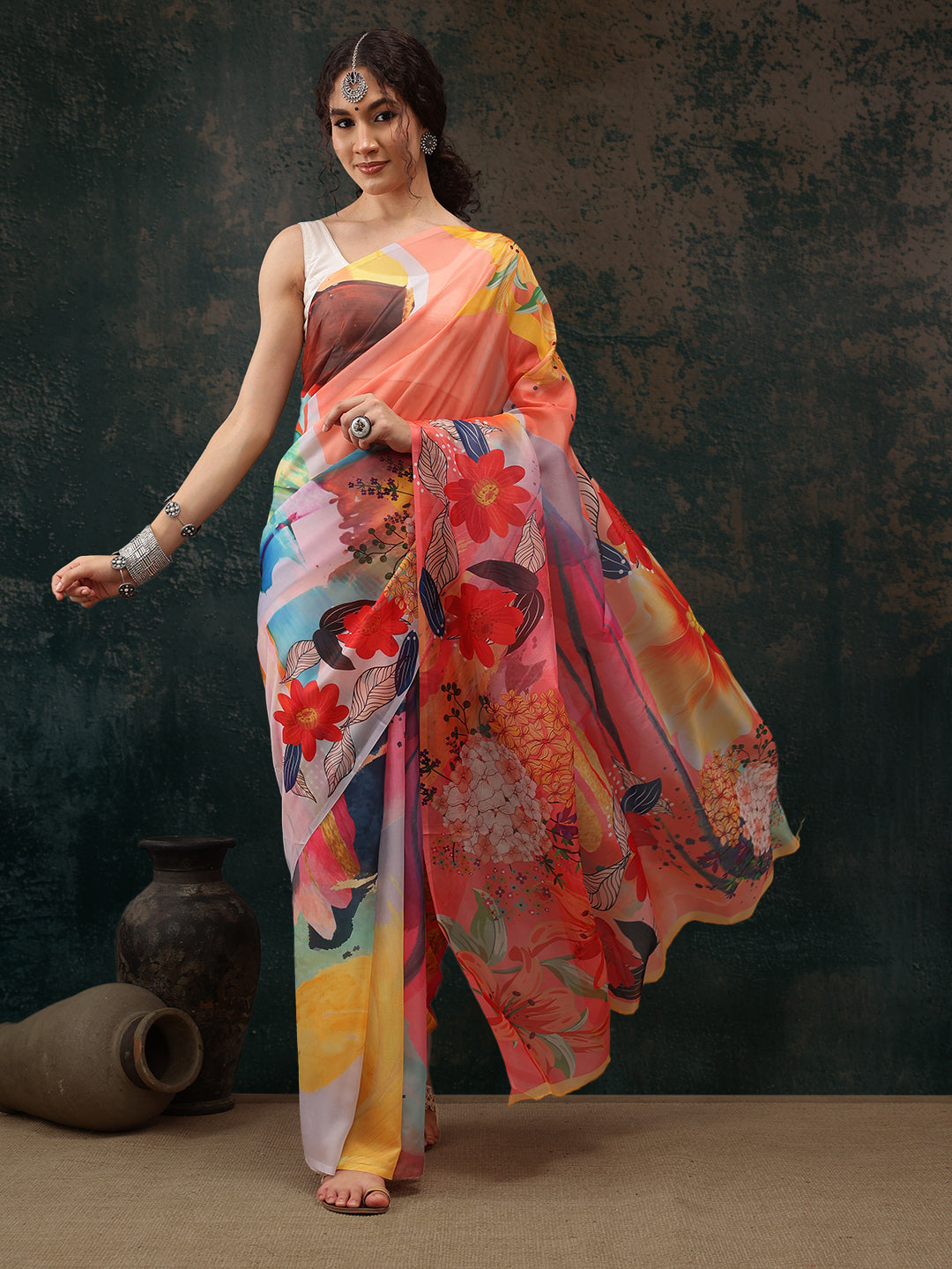Abstract Chanderi Polyester Silk Saree