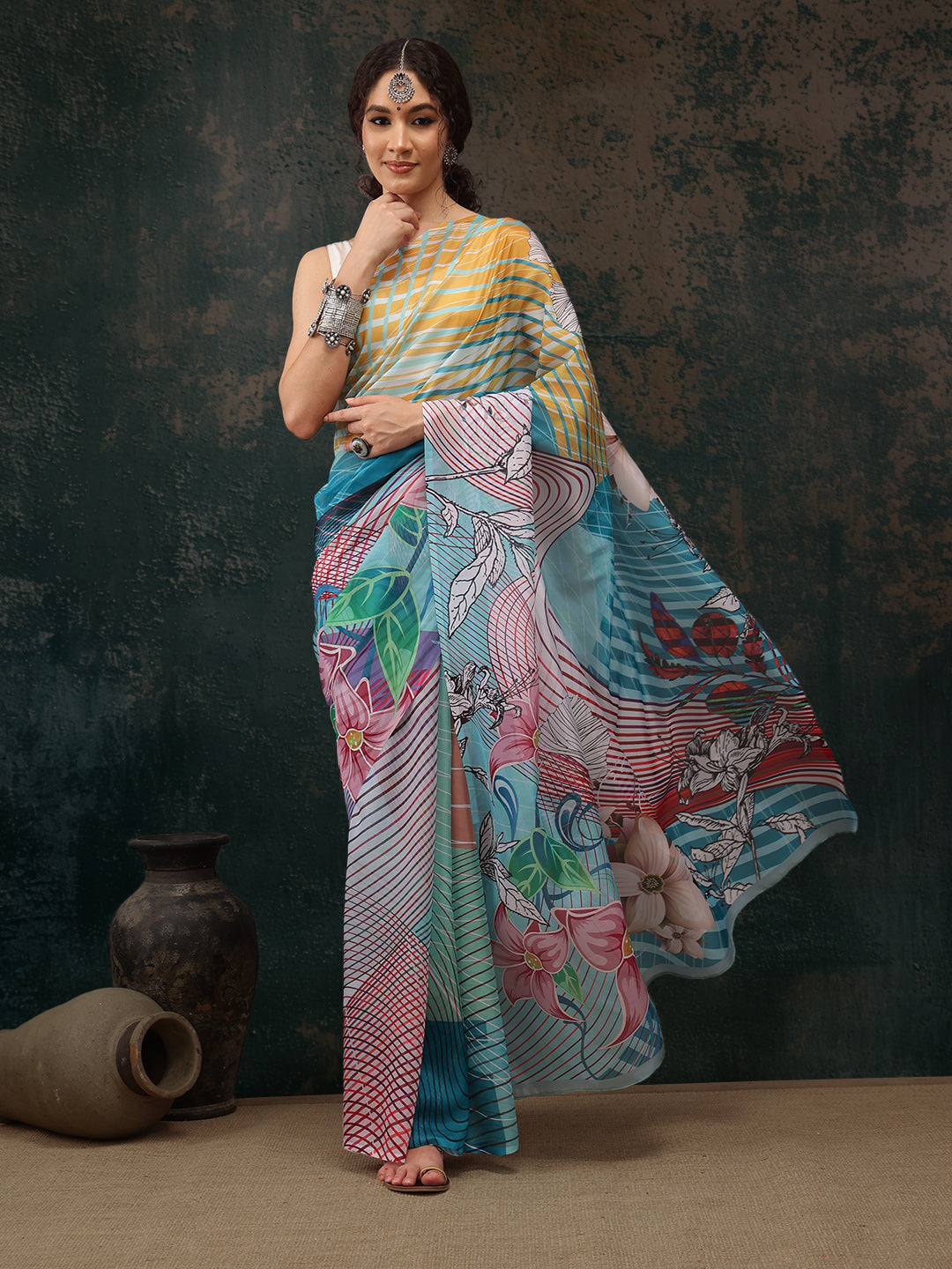 Abstract Chanderi Polyester Silk Saree