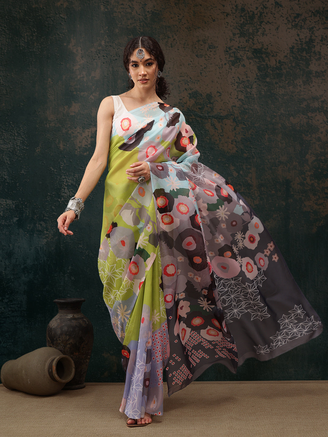 Abstract Chanderi Polyester Silk Saree