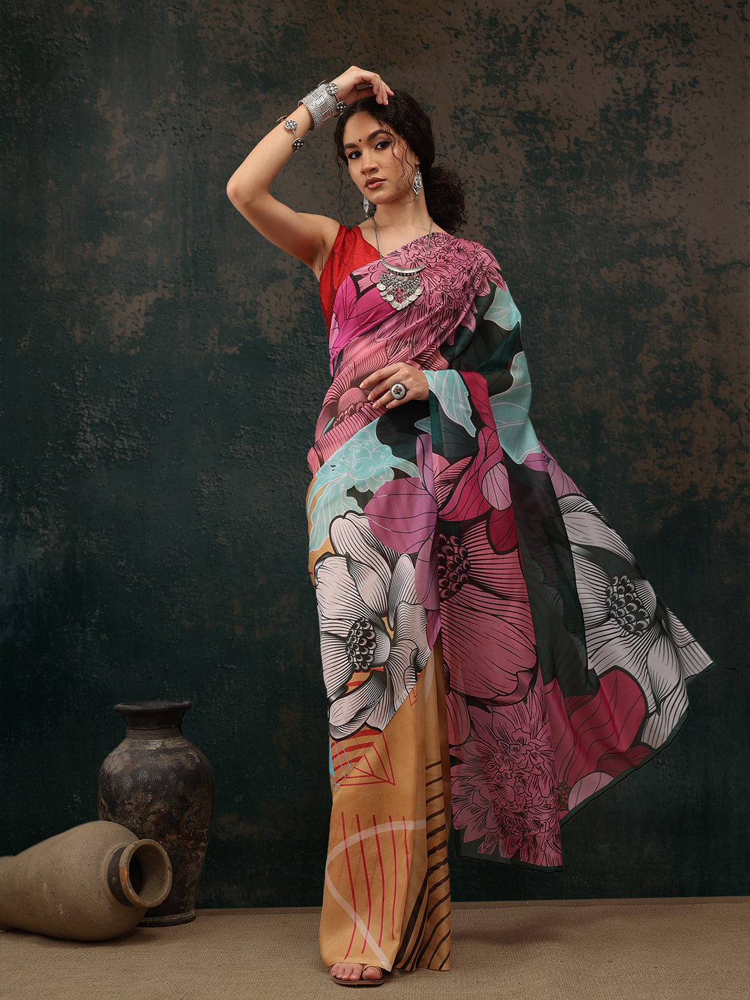 Abstract Chanderi Polyester Silk Saree