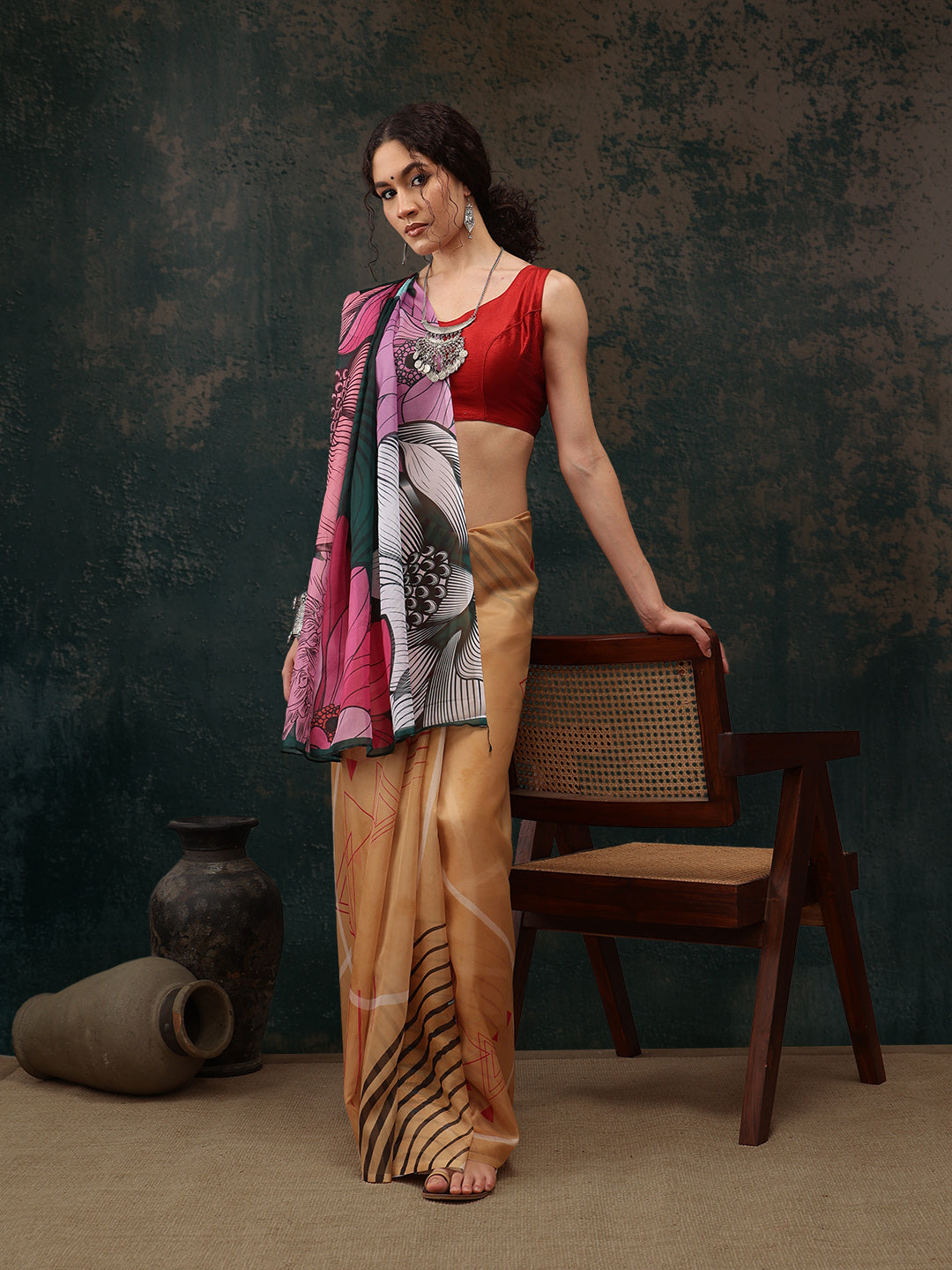 Abstract Chanderi Polyester Silk Saree
