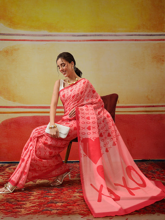 Valentine Special Sensational Heart Design Mal Cotton Pink Saree
