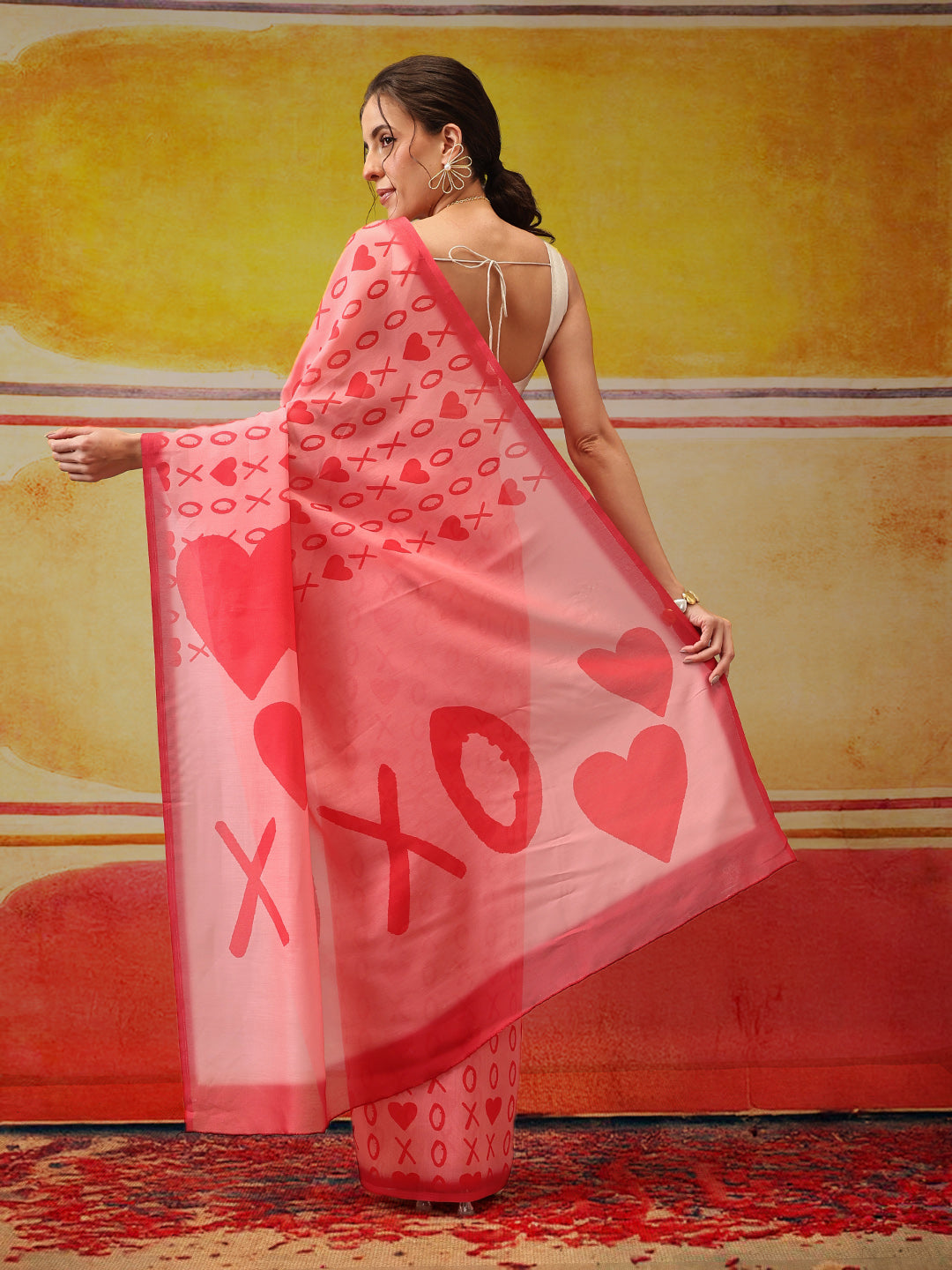 Valentine Special Sensational Heart Design Mal Cotton Pink Saree