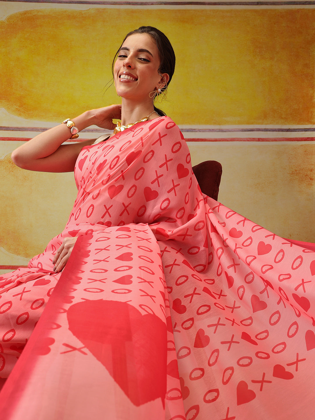 Valentine Special Sensational Heart Design Mal Cotton Pink Saree