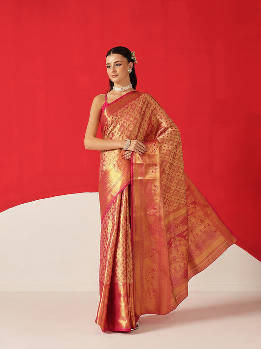 Baluchari Silk Saree With Zari Woven Rich Pallu & Contrast Border