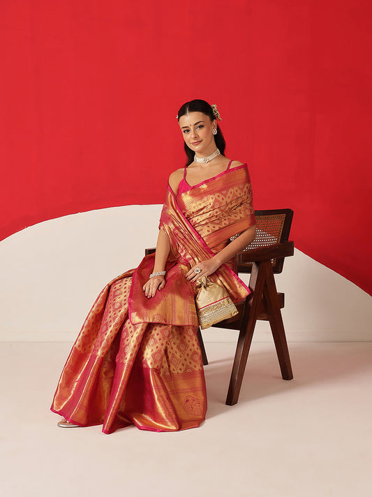 Baluchari Silk Saree With Zari Woven Rich Pallu & Contrast Border