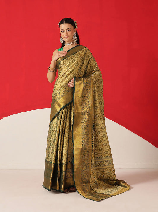 Floral Baluchari Silk Saree With Zari Woven Rich Pallu & Contrast Border
