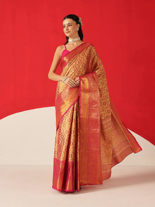Floral Baluchari Silk Saree With Zari Woven Rich Pallu & Contrast Border