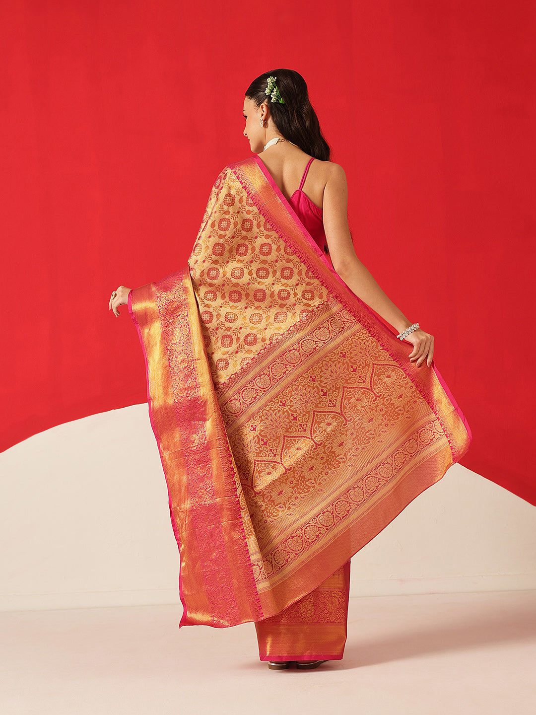Floral Baluchari Silk Saree With Zari Woven Rich Pallu & Contrast Border