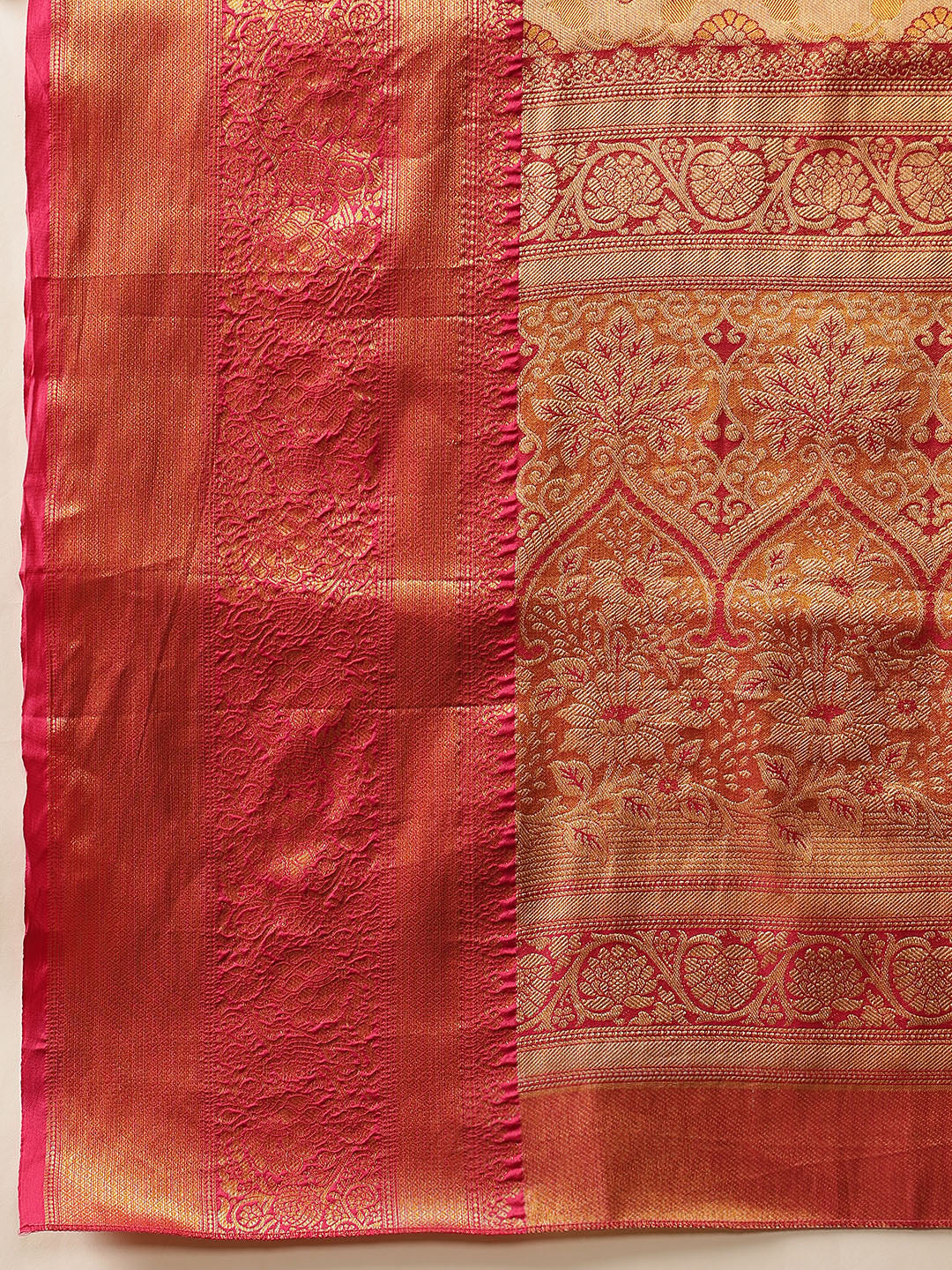 Floral Baluchari Silk Saree With Zari Woven Rich Pallu & Contrast Border