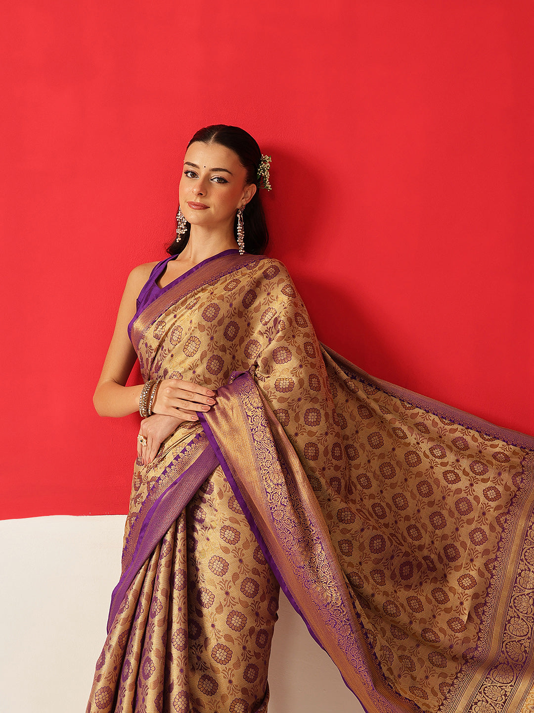 Floral Baluchari Silk Saree With Zari Woven Rich Pallu & Contrast Border