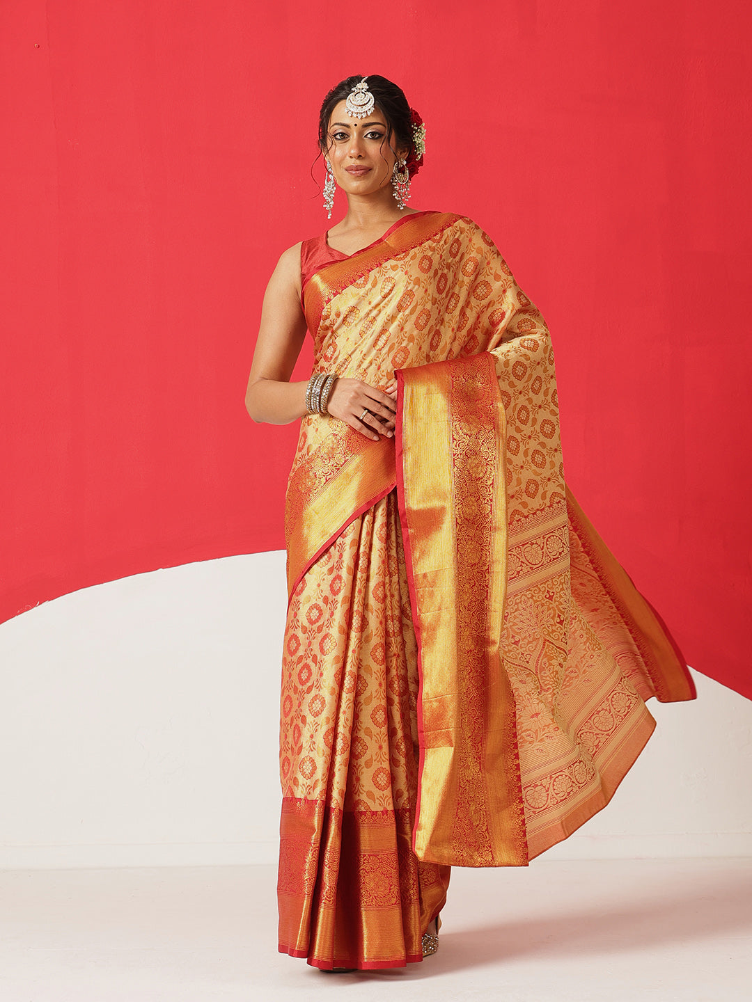 Floral Baluchari Silk Saree With Zari Woven Rich Pallu & Contrast Border