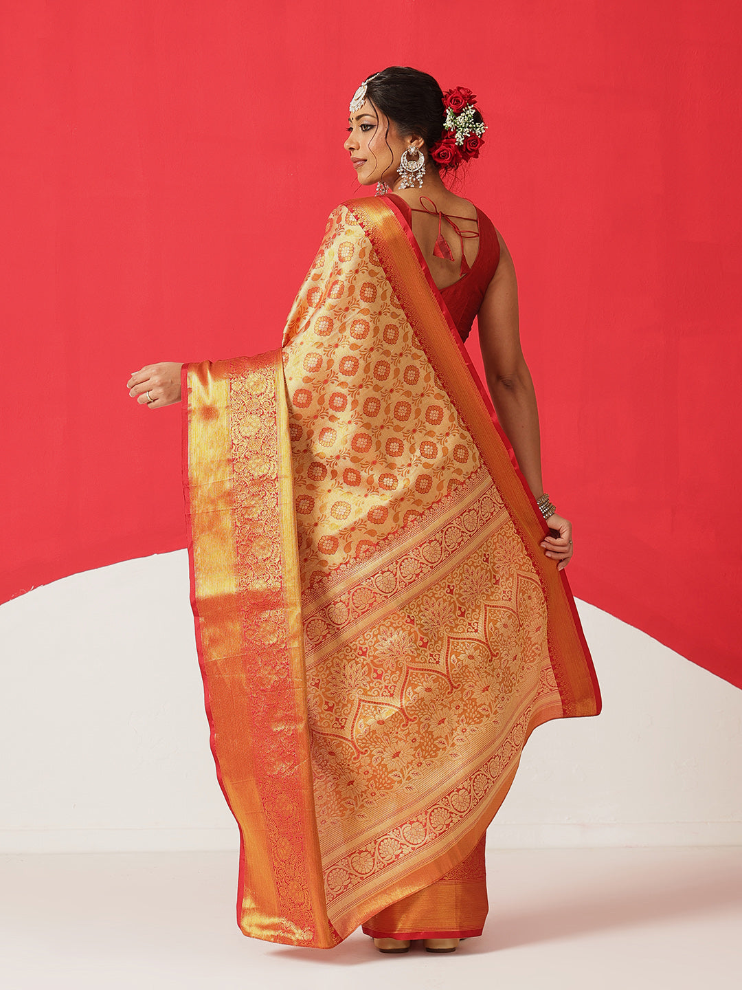 Floral Baluchari Silk Saree With Zari Woven Rich Pallu & Contrast Border