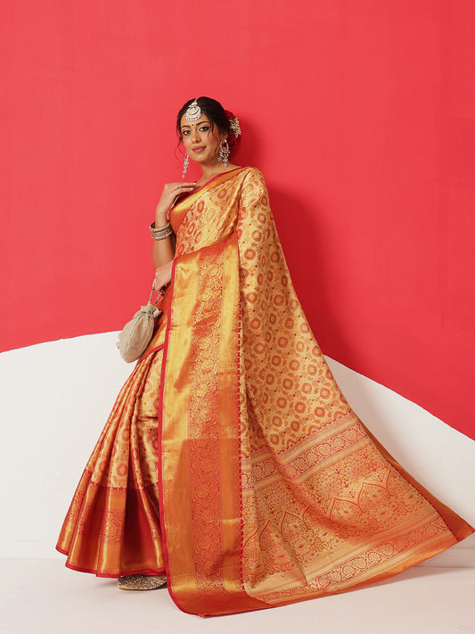Floral Baluchari Silk Saree With Zari Woven Rich Pallu & Contrast Border
