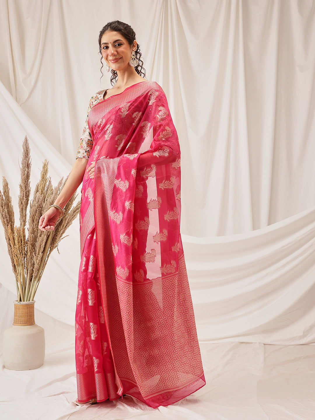 Floral Banarasi Organza Soft Silk Pink Saree