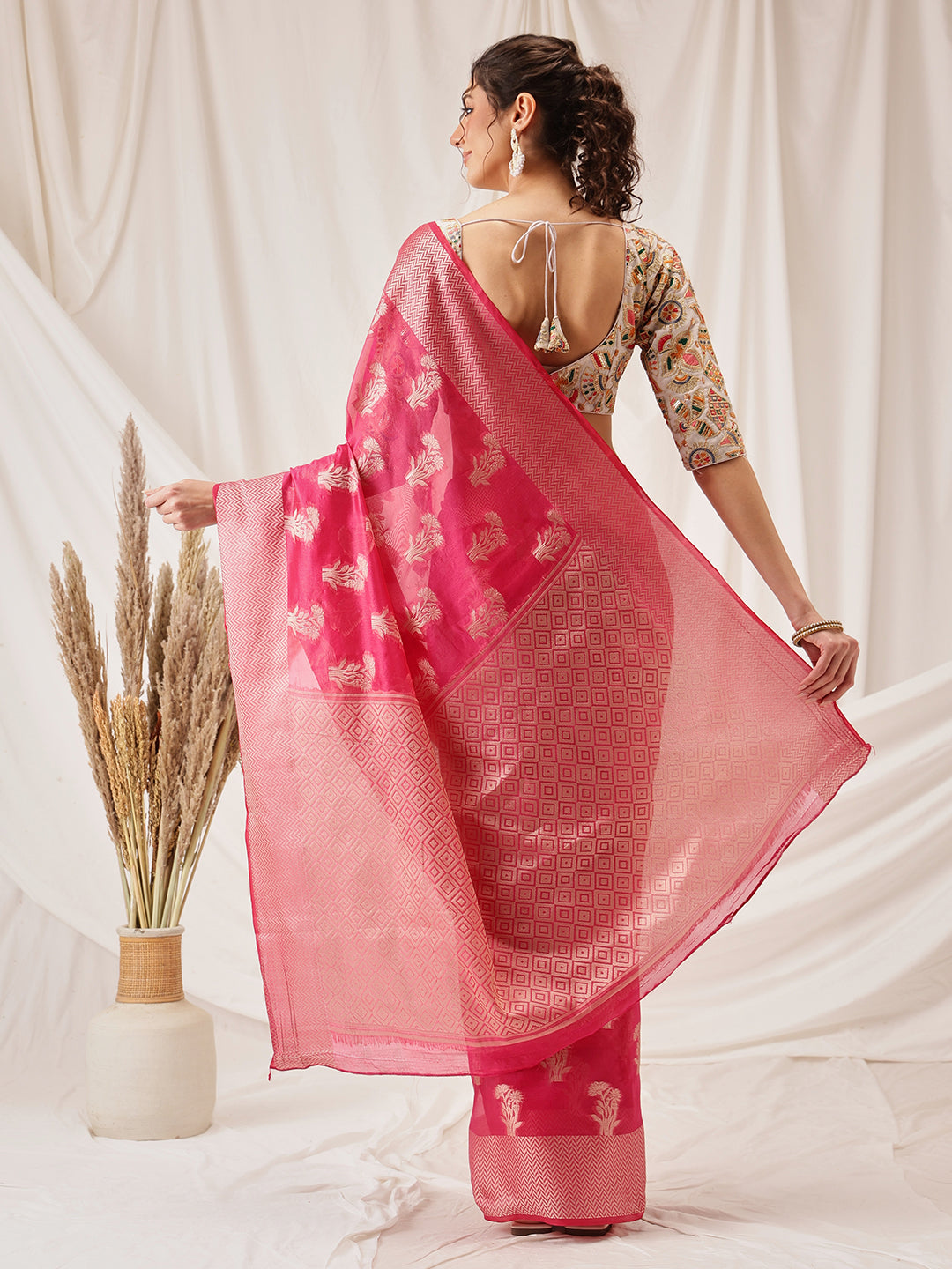 Floral Banarasi Organza Soft Silk Pink Saree