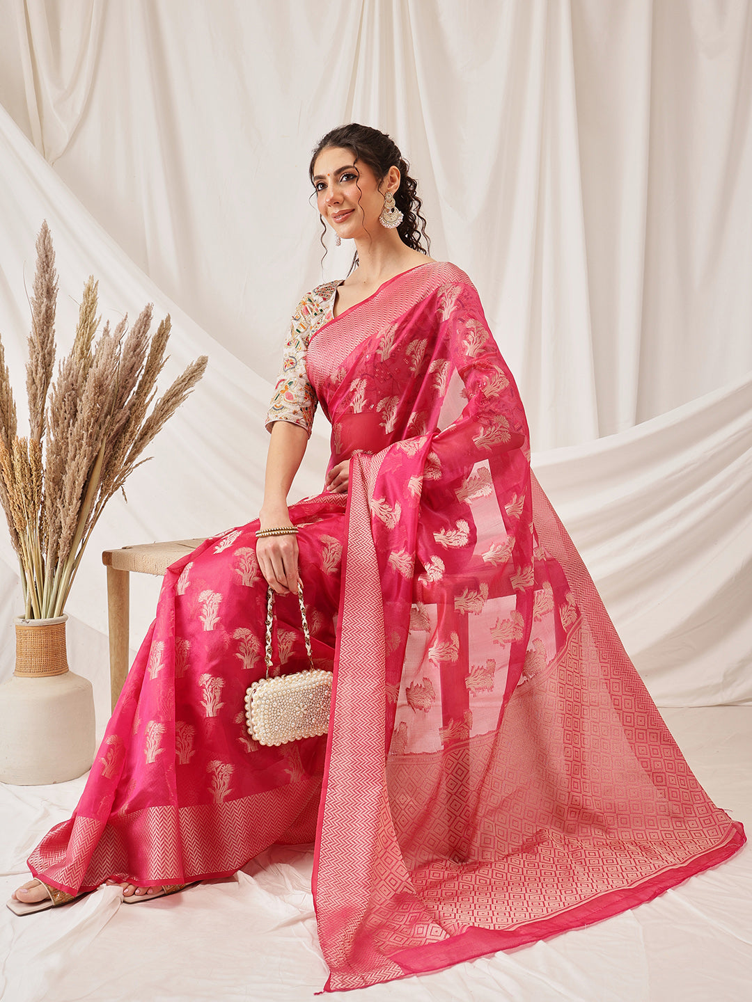 Floral Banarasi Organza Soft Silk Pink Saree
