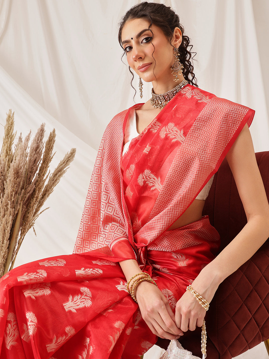 Floral Banarasi Organza Soft Silk Red Saree