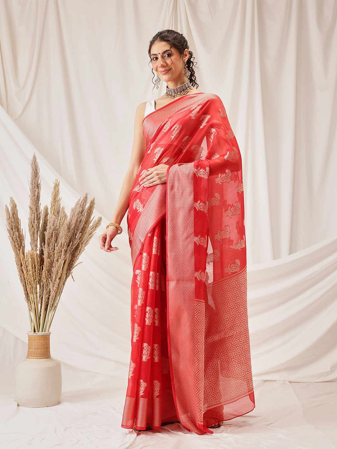 Floral Banarasi Organza Soft Silk Red Saree