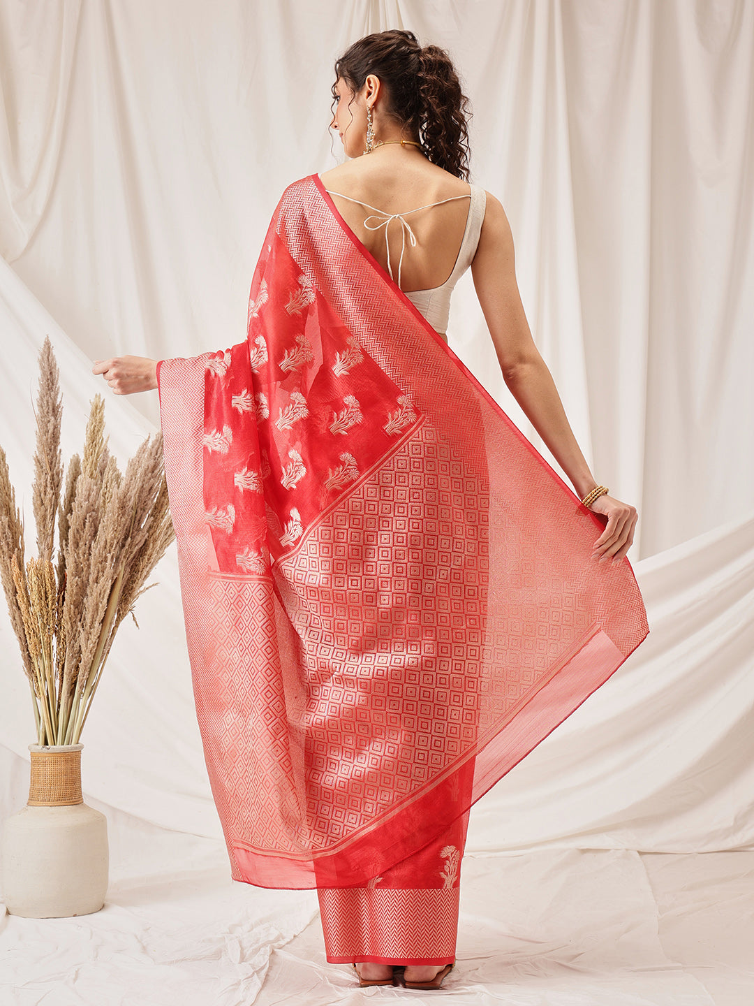 Floral Banarasi Organza Soft Silk Red Saree