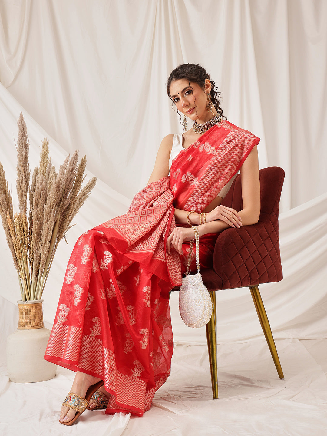 Floral Banarasi Organza Soft Silk Red Saree