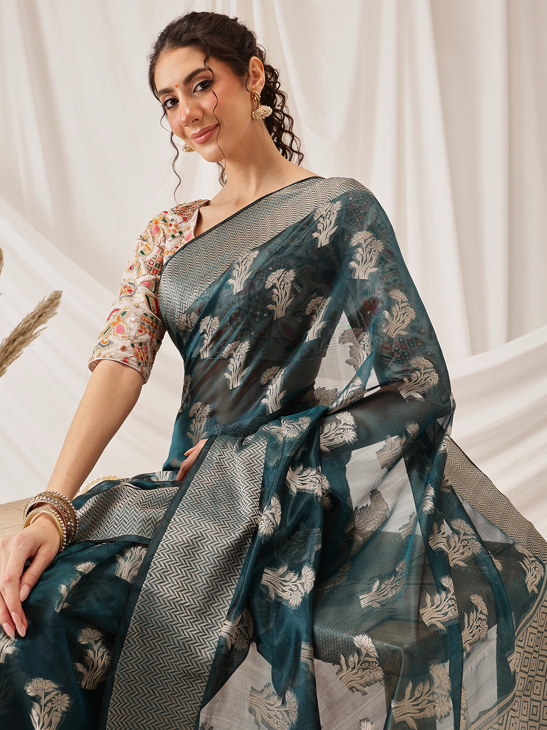 Floral Banarasi Organza Soft Silk Teal Saree