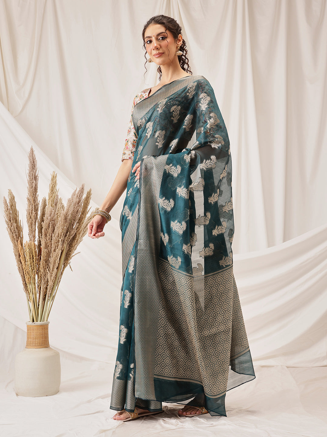 Floral Banarasi Organza Soft Silk Teal Saree