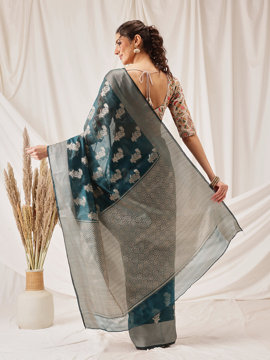 Floral Banarasi Organza Soft Silk Teal Saree