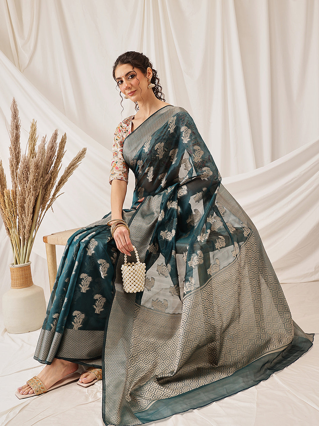 Floral Banarasi Organza Soft Silk Teal Saree