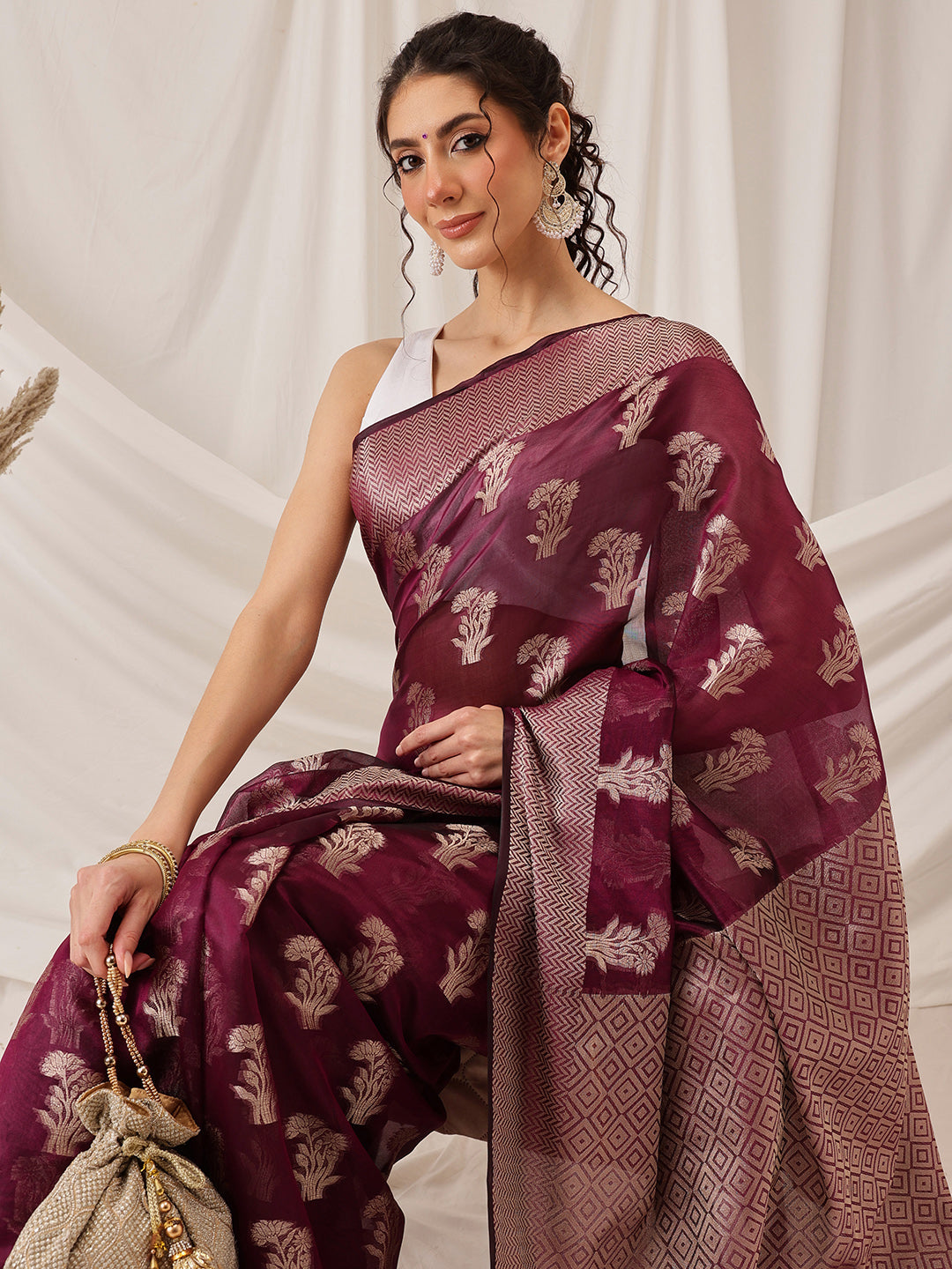 Floral Banarasi Organza Soft Silk Wine Saree