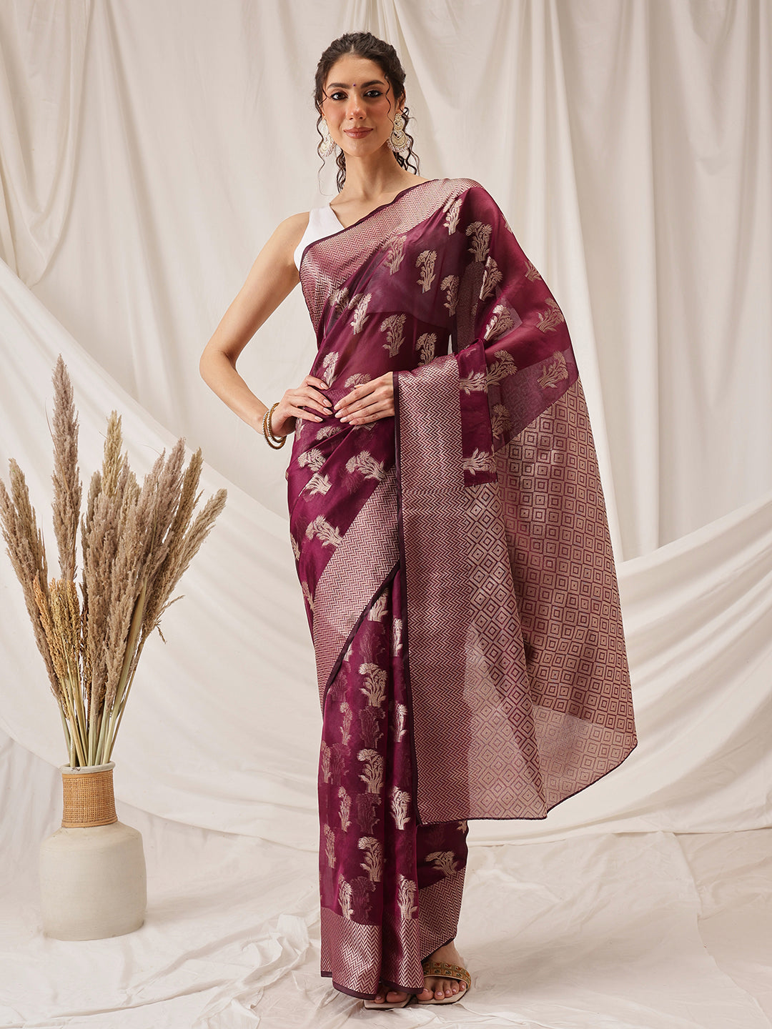 Floral Banarasi Organza Soft Silk Wine Saree