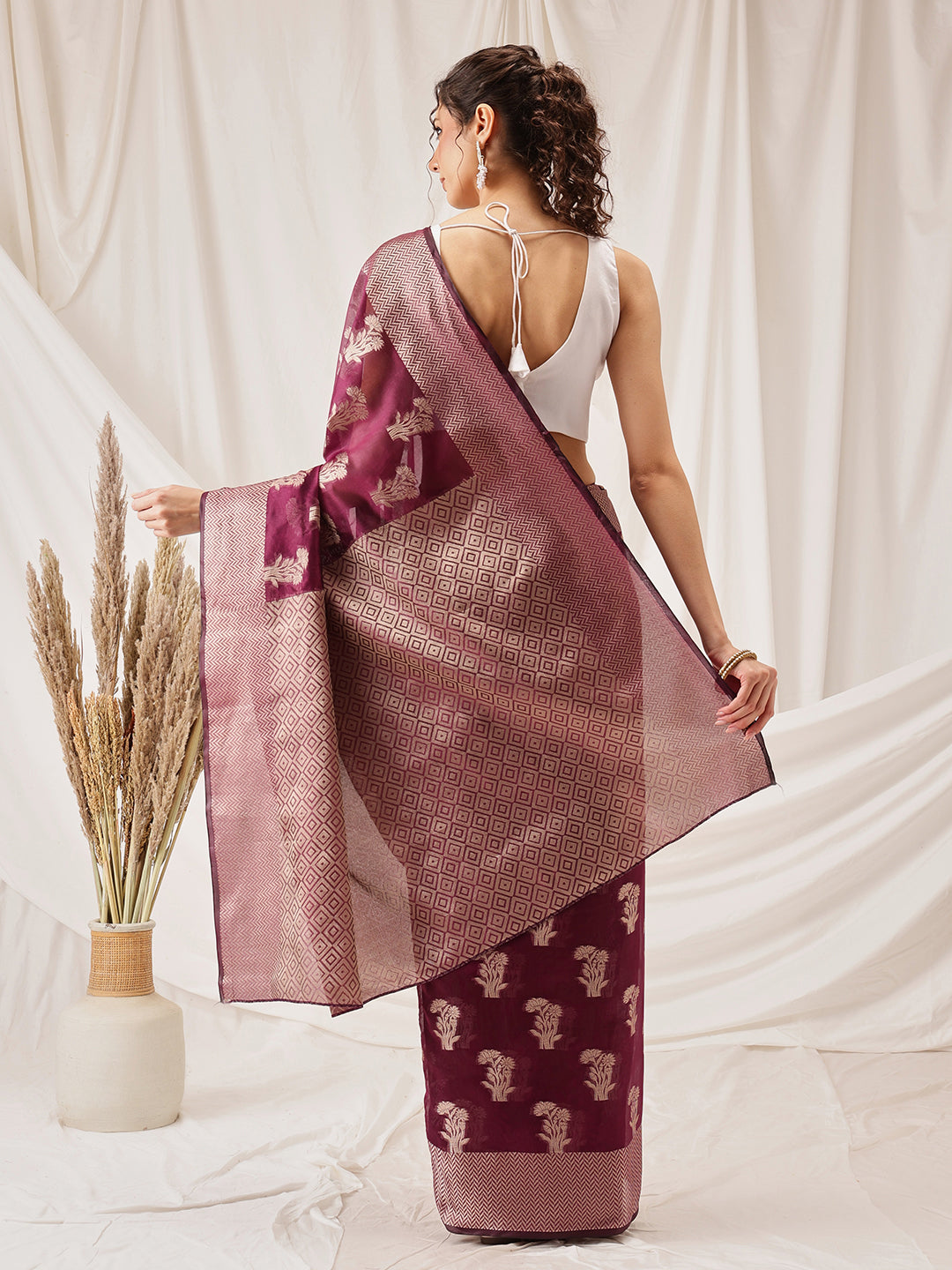 Floral Banarasi Organza Soft Silk Wine Saree