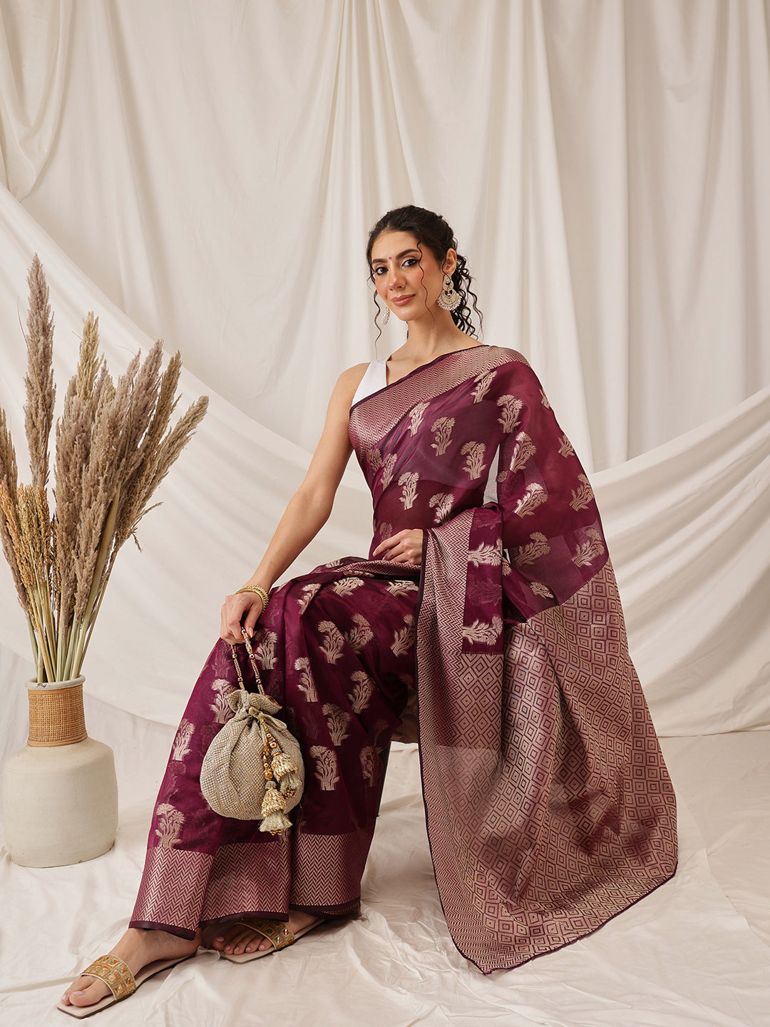 Floral Banarasi Organza Soft Silk Wine Saree