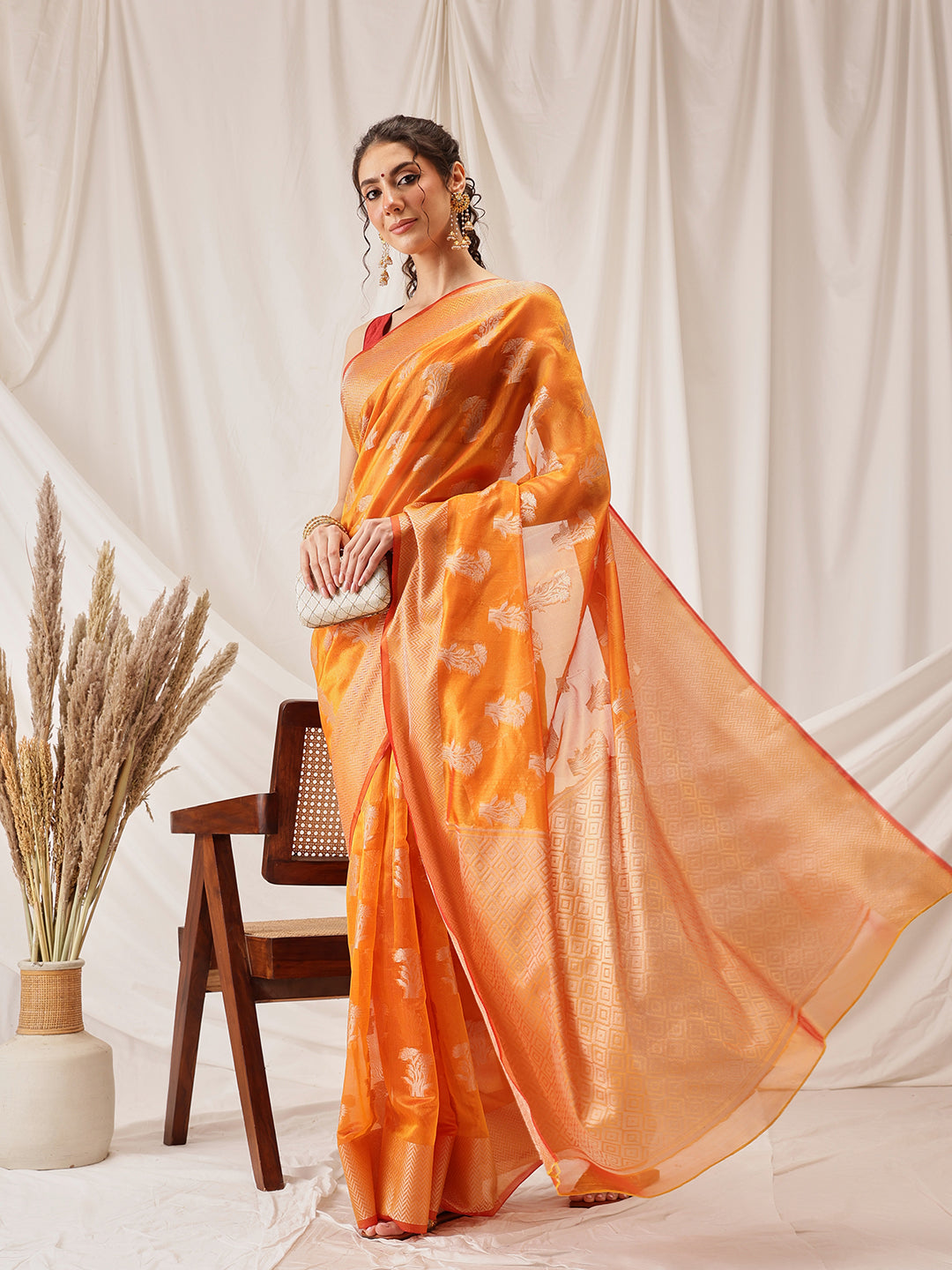 Floral Banarasi Organza Soft Silk Yellow Saree