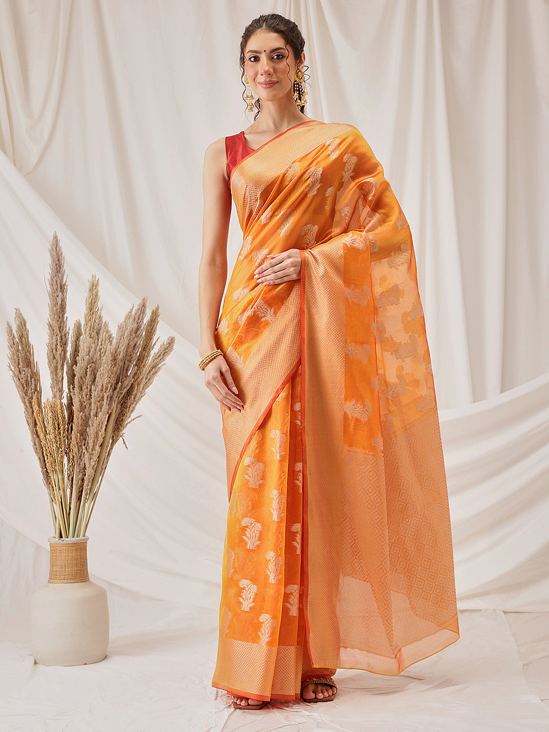 Floral Banarasi Organza Soft Silk Yellow Saree