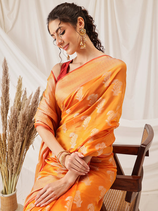 Floral Banarasi Organza Soft Silk Yellow Saree