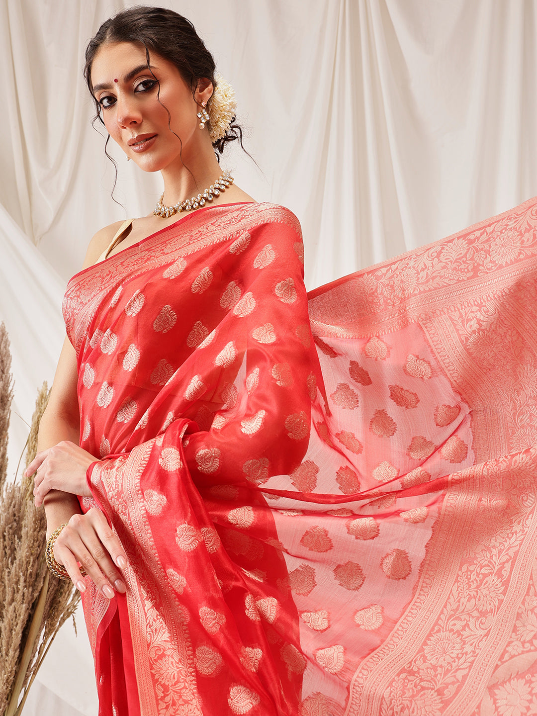 Banarasi Organza Soft Silk Red Saree With Small Floral Border