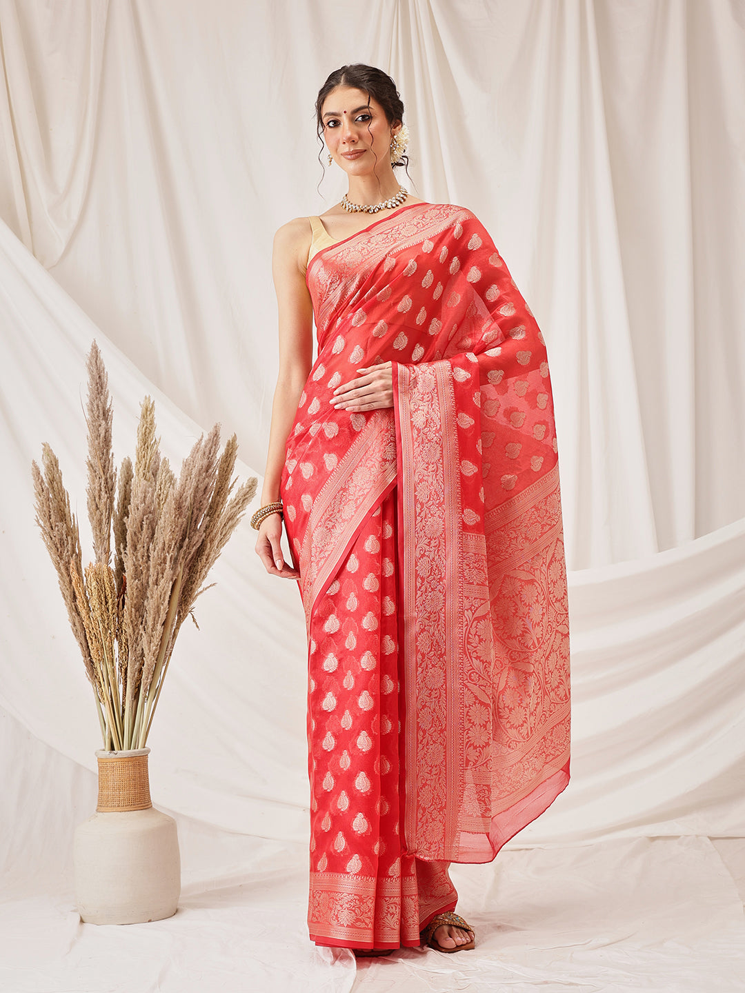 Banarasi Organza Soft Silk Red Saree With Small Floral Border