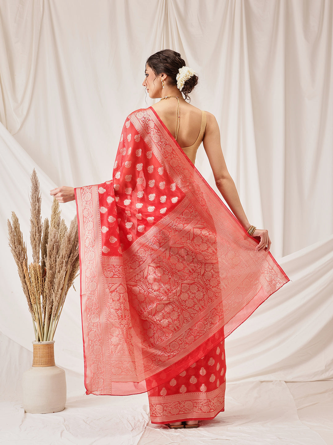 Banarasi Organza Soft Silk Red Saree With Small Floral Border