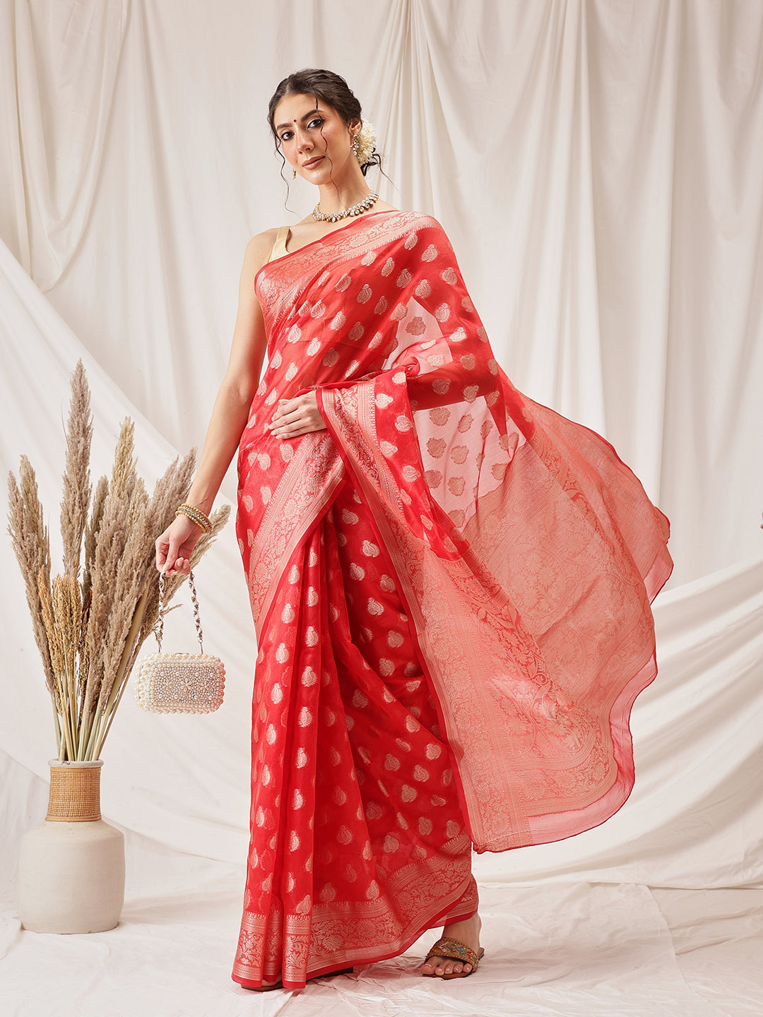 Banarasi Organza Soft Silk Red Saree With Small Floral Border