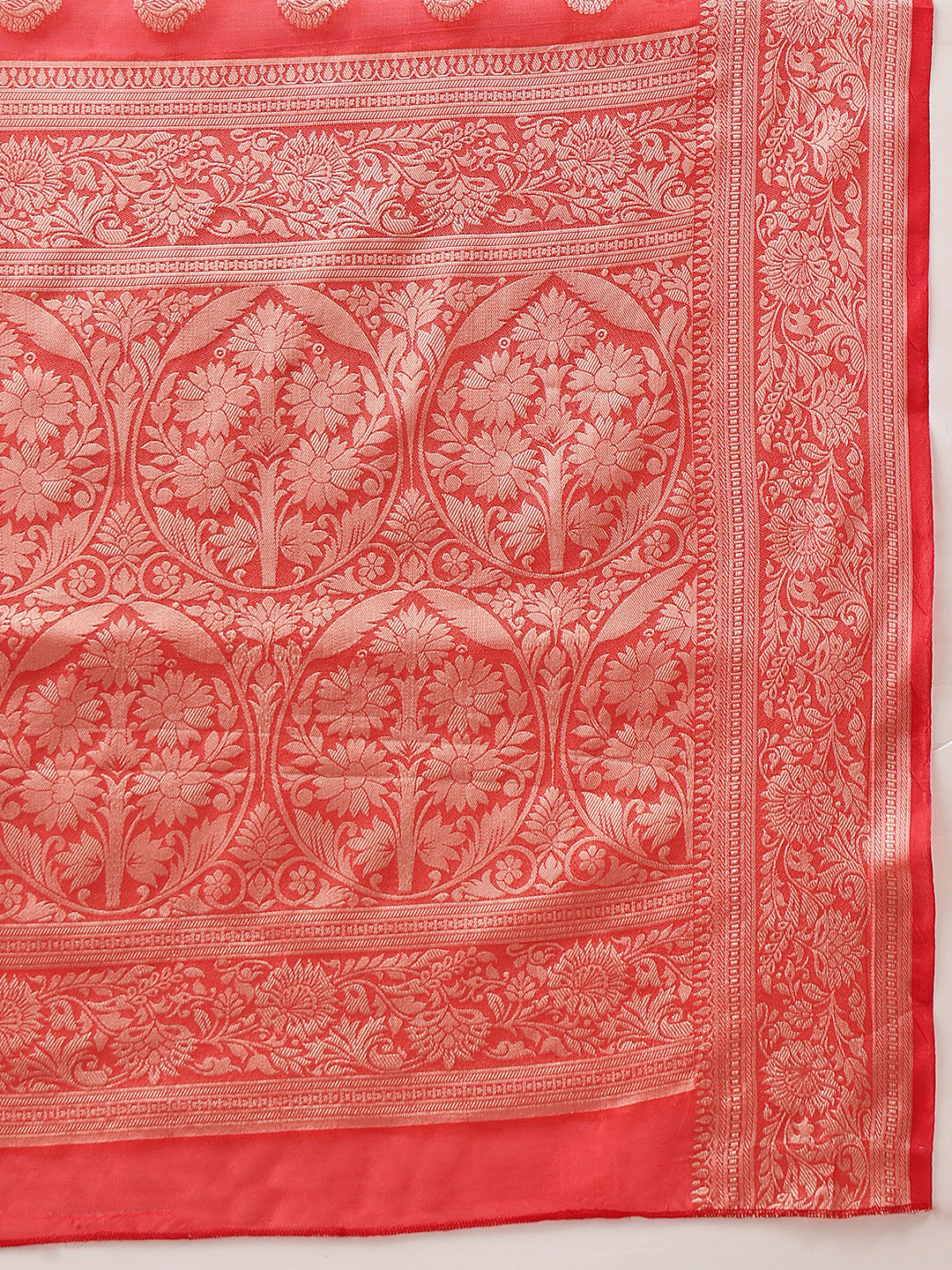 Banarasi Organza Soft Silk Red Saree With Small Floral Border