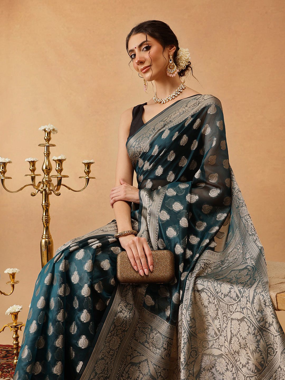 Banarasi Organza Soft Silk Teal Saree With Small Floral Border