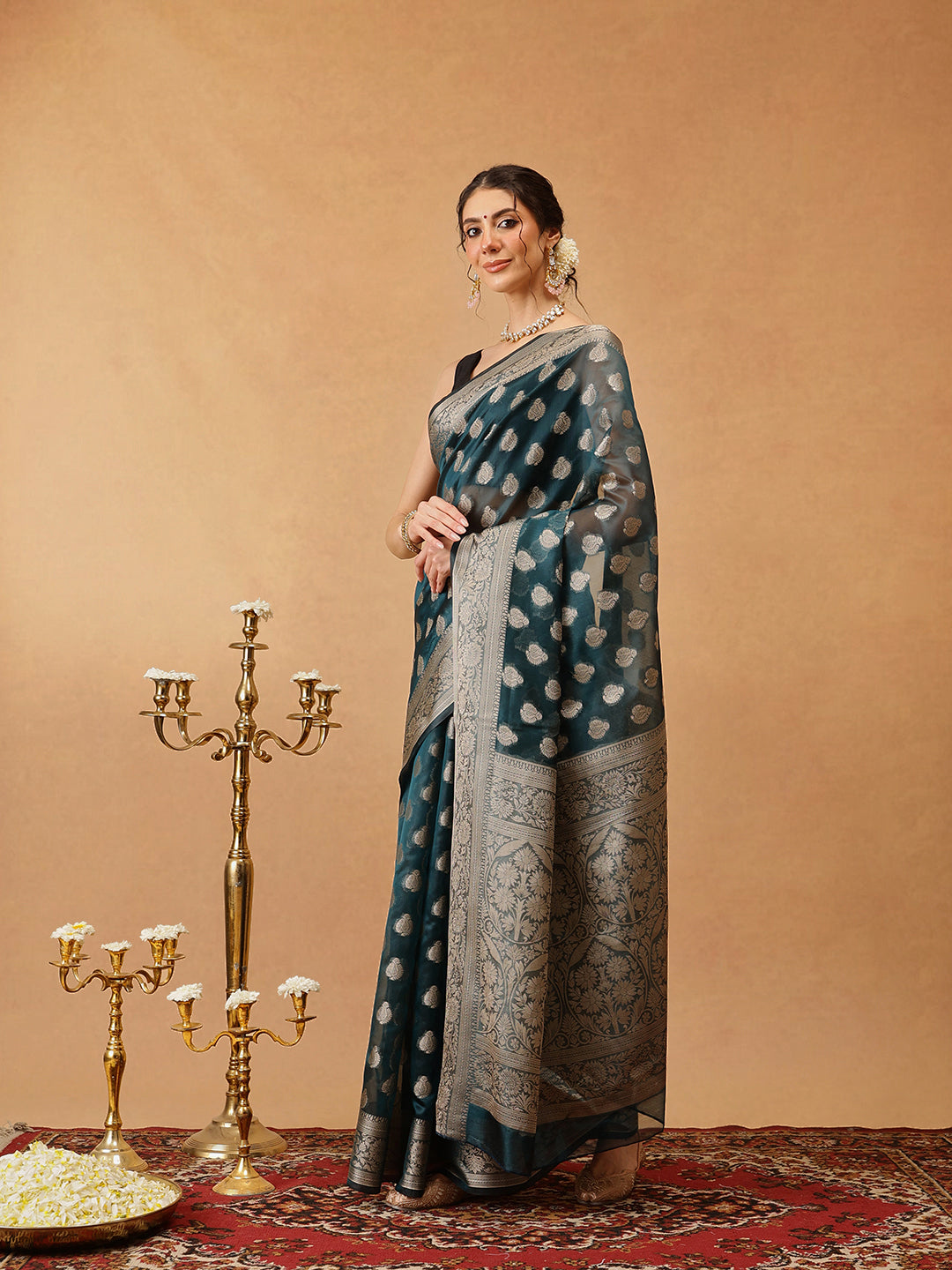 Banarasi Organza Soft Silk Teal Saree With Small Floral Border