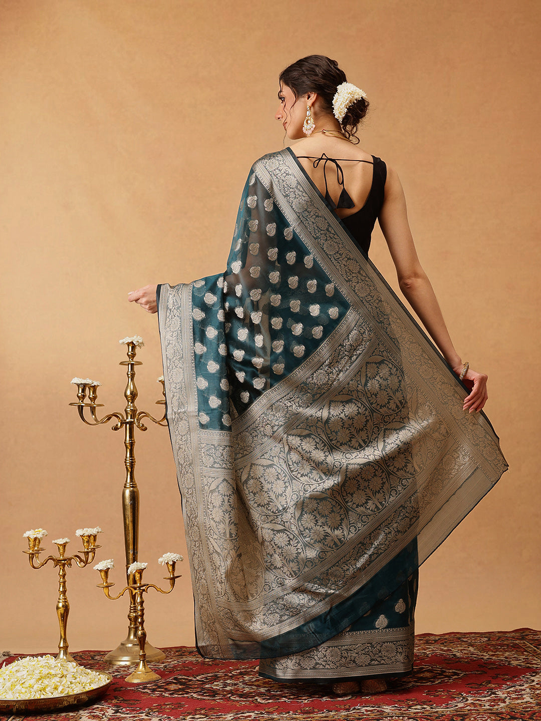 Banarasi Organza Soft Silk Teal Saree With Small Floral Border