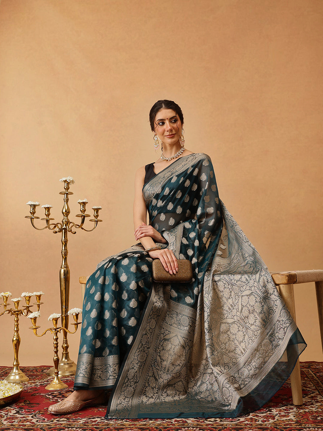 Banarasi Organza Soft Silk Teal Saree With Small Floral Border