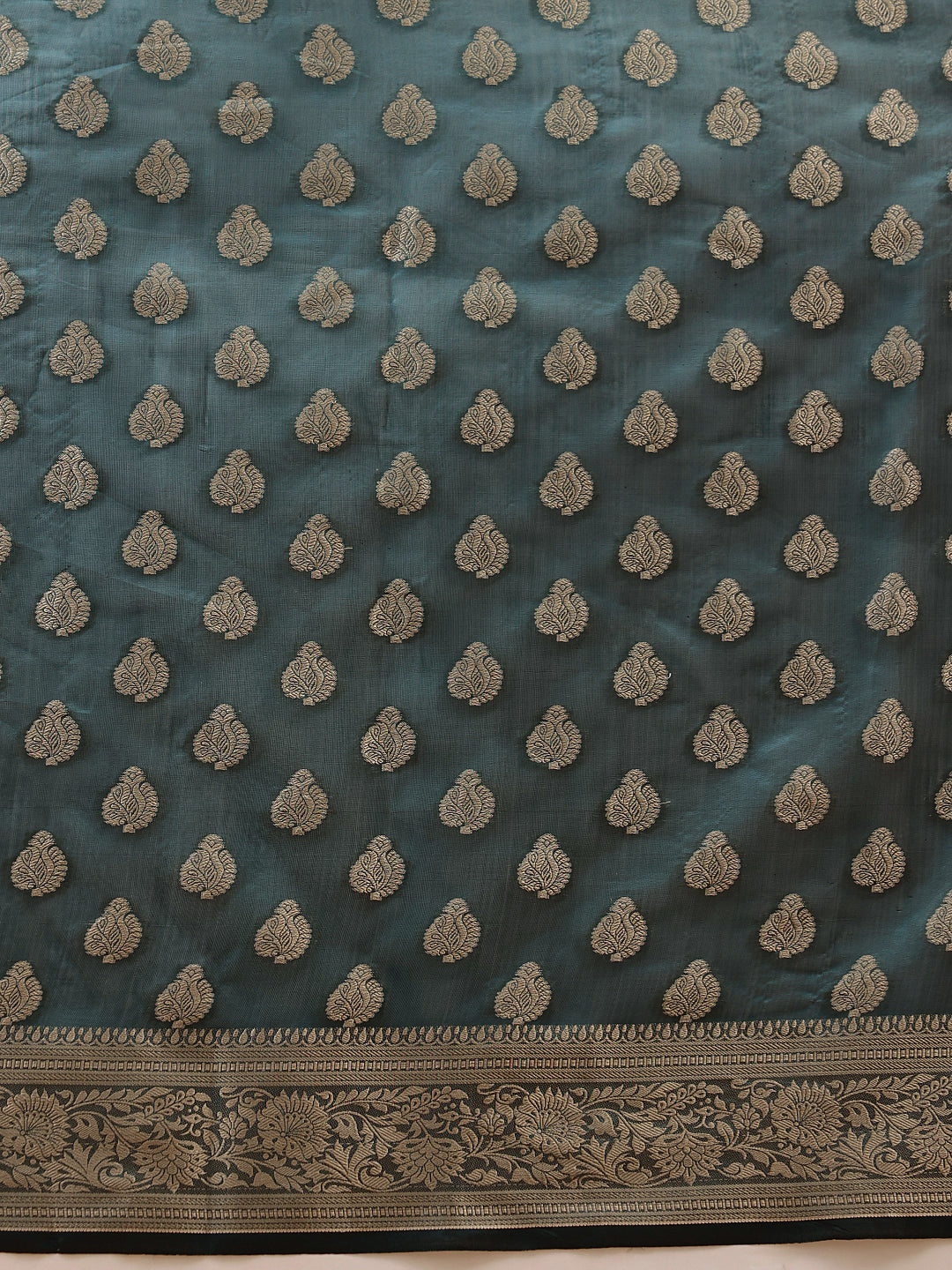 Banarasi Organza Soft Silk Teal Saree With Small Floral Border