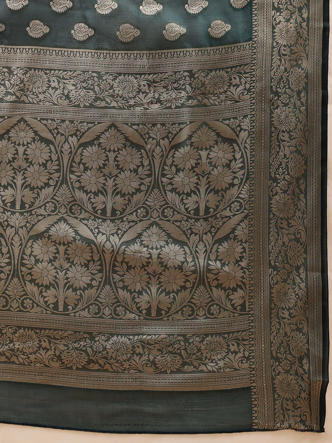 Banarasi Organza Soft Silk Teal Saree With Small Floral Border