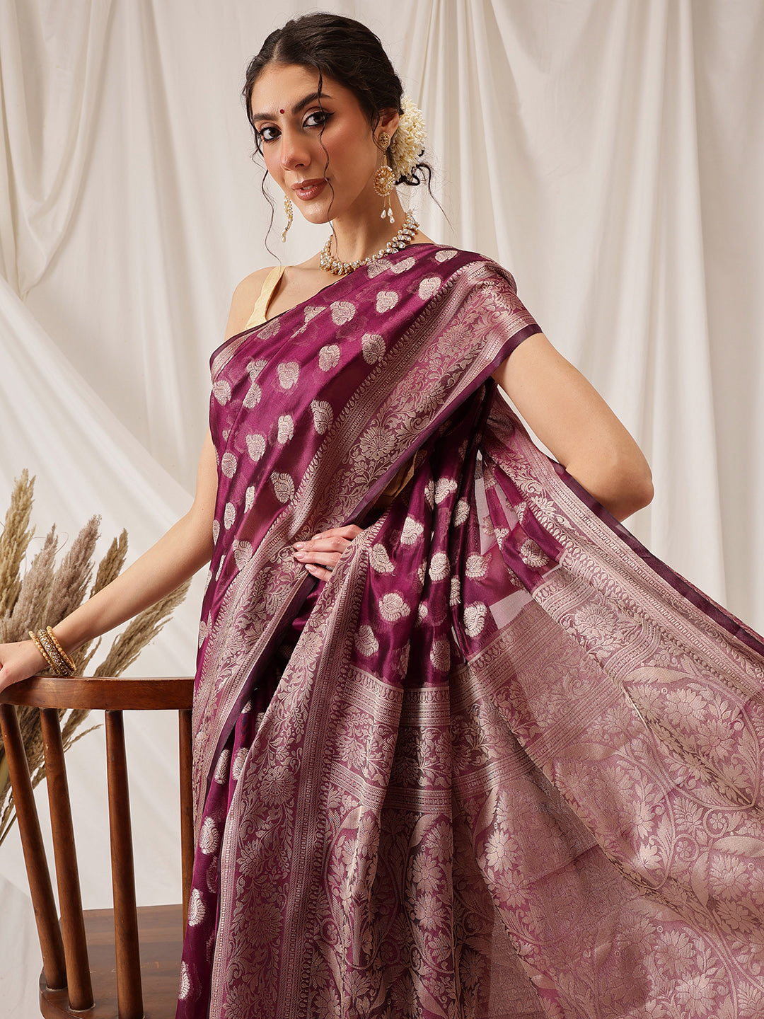Banarasi Organza Soft Silk Wine Saree With Small Floral Border