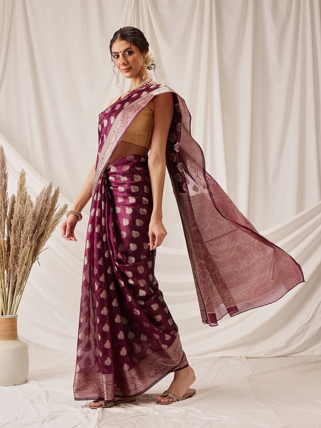 Banarasi Organza Soft Silk Wine Saree With Small Floral Border