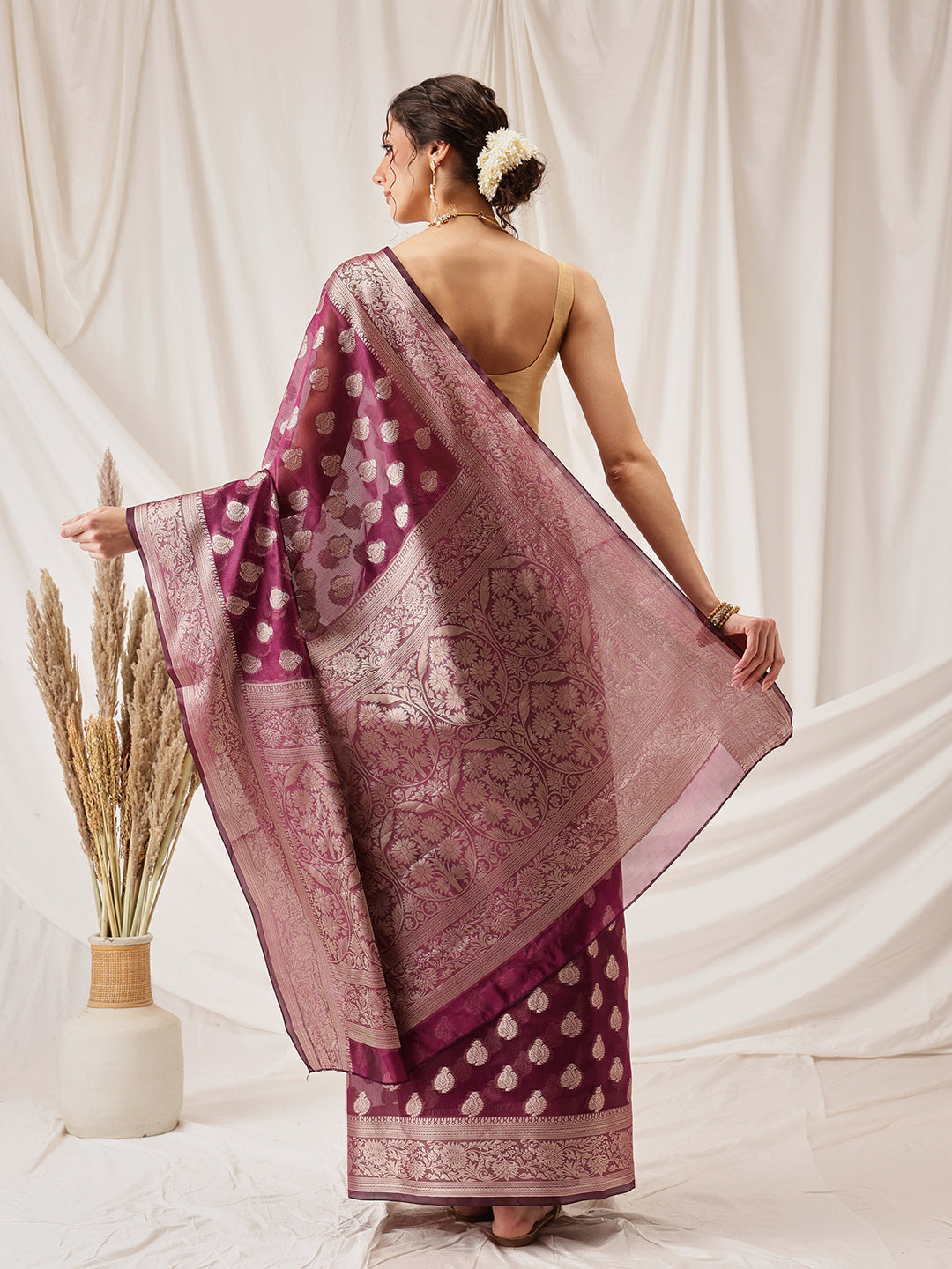 Banarasi Organza Soft Silk Wine Saree With Small Floral Border